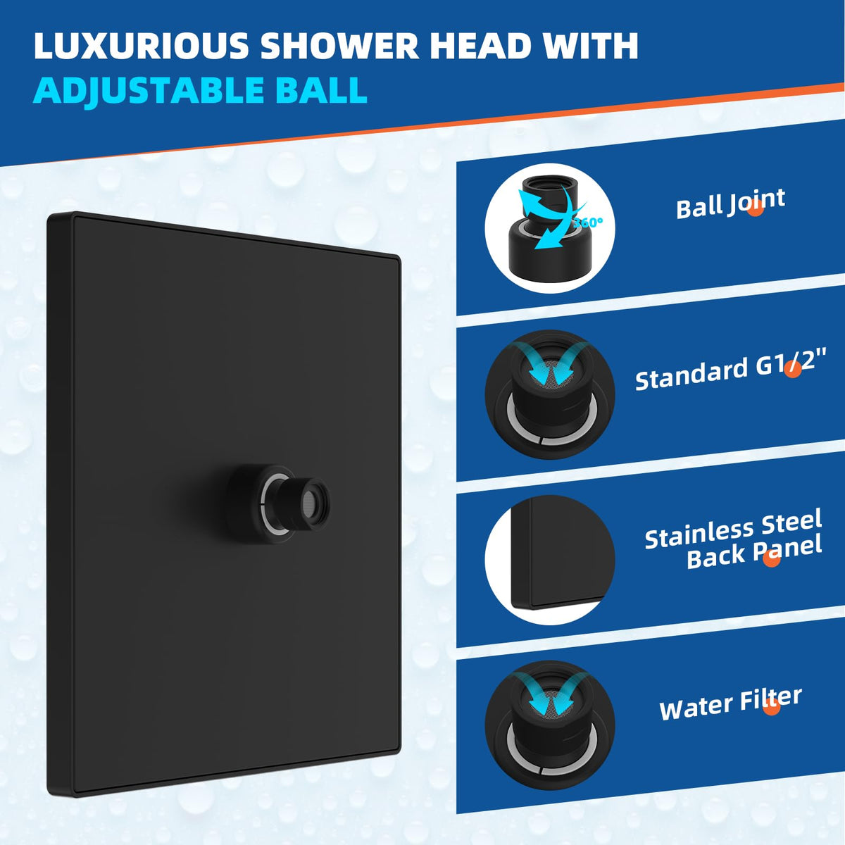 cUPC Certified High Pressure 12'' Rain Shower Head (Black / 12 Inch)