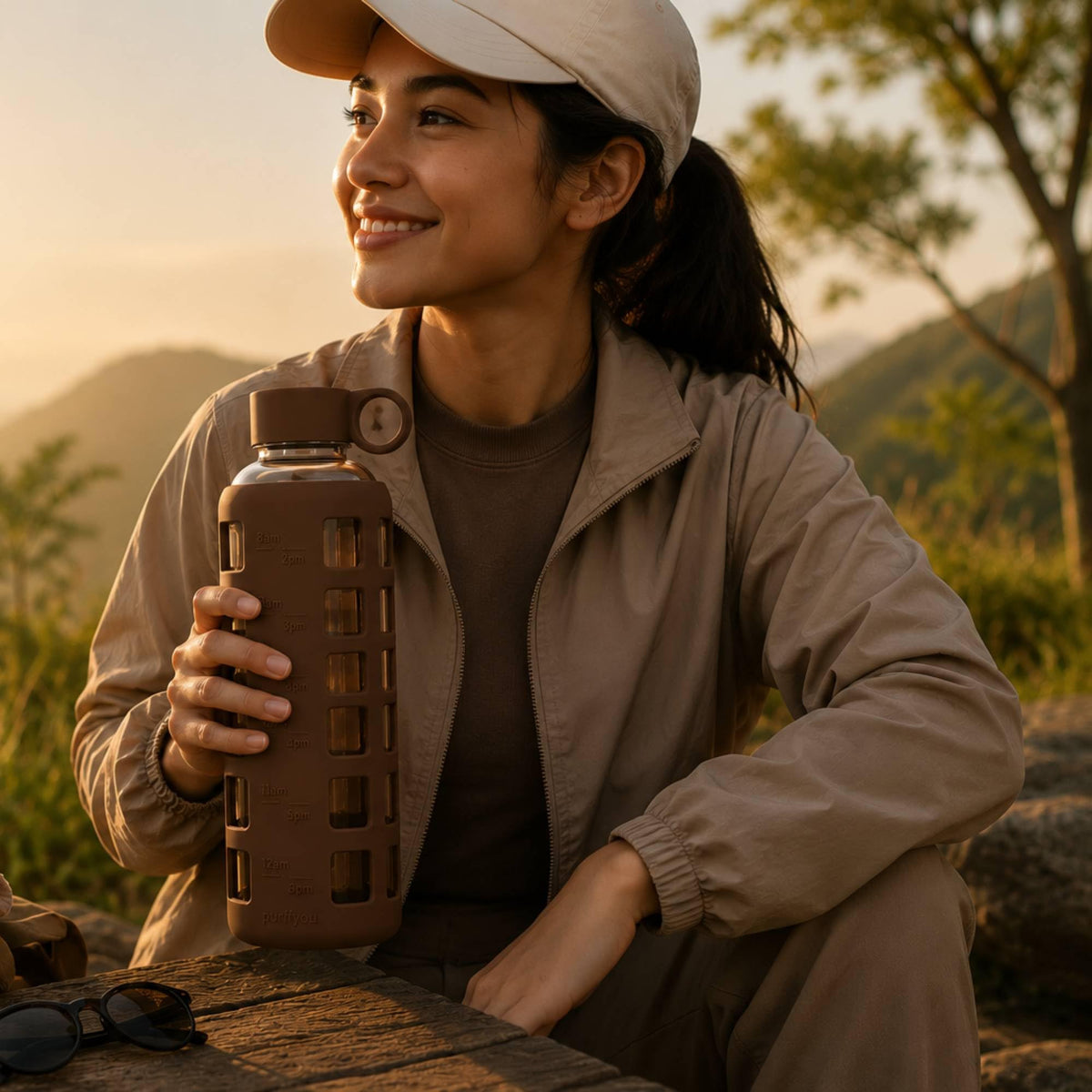 40oz / 32oz / 22oz / 12oz Borosilicate Glass Water Bottle with Time & Volume Markers, Silicone Sleeve, Stainless Steel Lid | Reusable Glass Bottle for Water & Juice (Earth Brown (1 Count) / 40 Ounces)