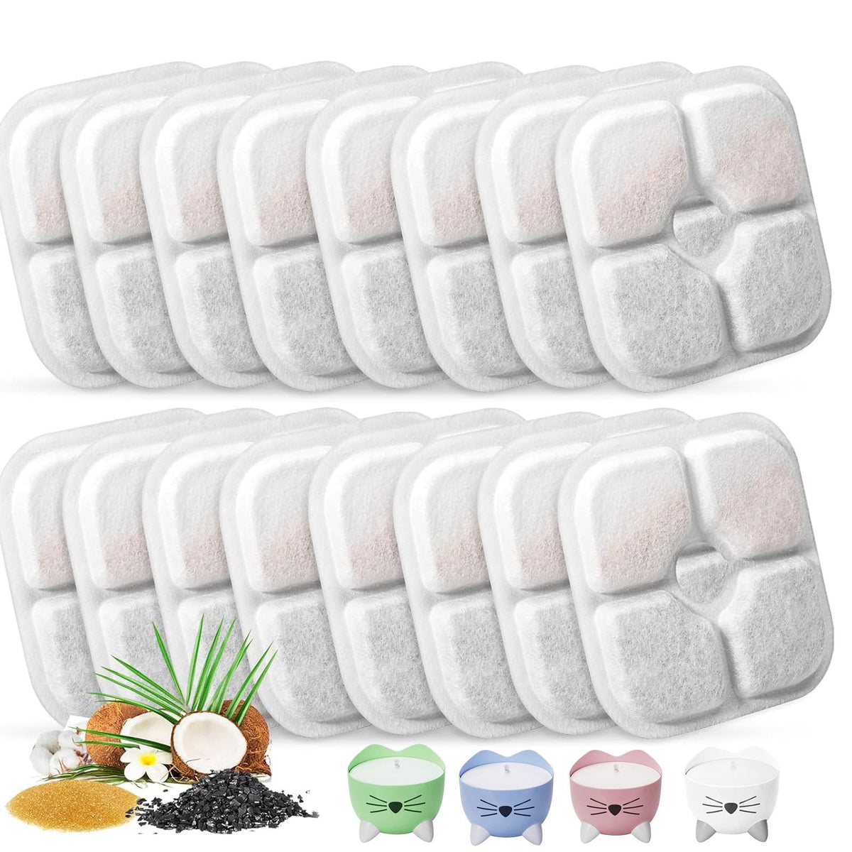 Cat Water Fountain Replacement Filters Fit for 2.5L Fountain with Whiskers Pattern Triple Action Water Pet Cat Drinking Fountain Filter Pack of 16