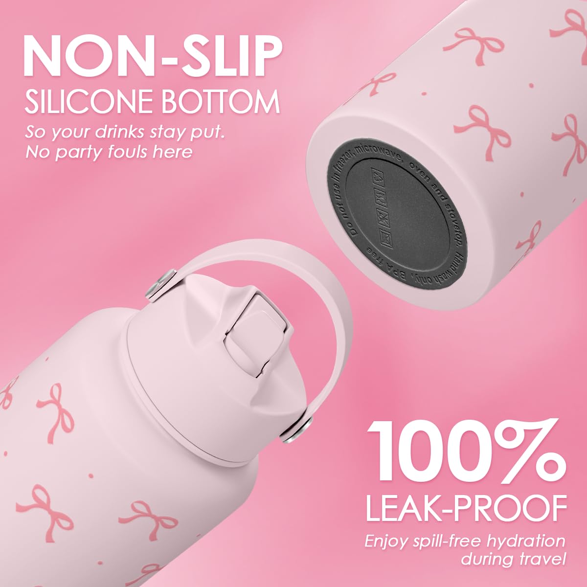 Pink Bow Water Bottle Stainless Steel Insulated Vacuum 32oz with Lid (Coquette Pink Bow)