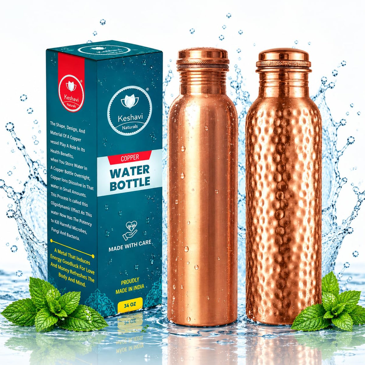 100% Pure Copper Water Bottle (Plain & Hammered Combo)