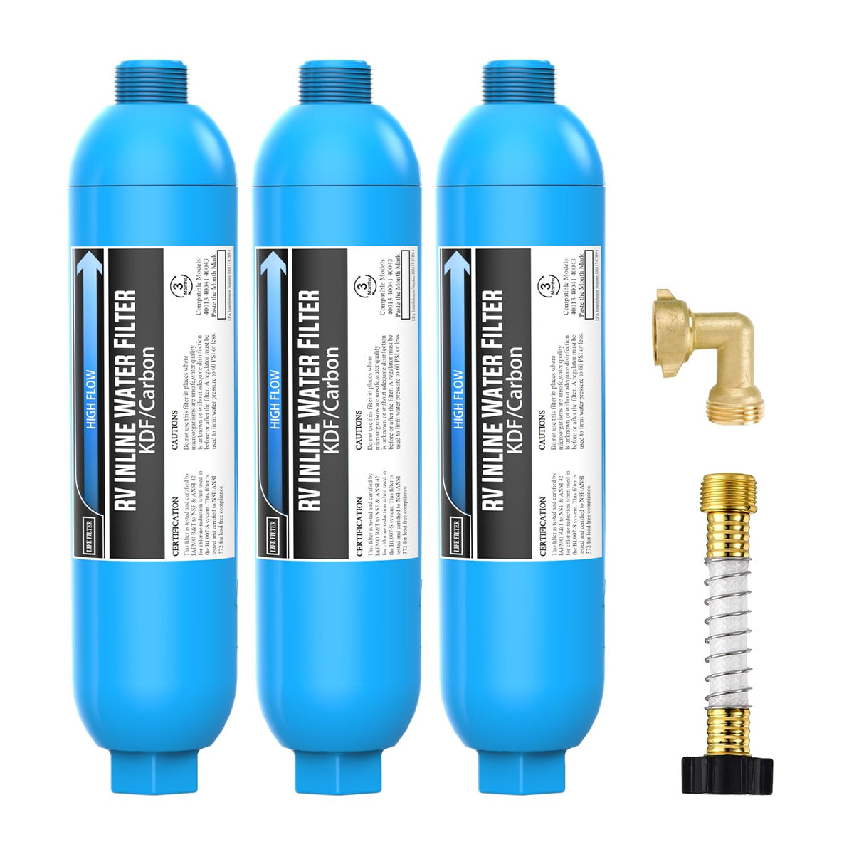 RV Water Filter with 90 Degree Elbow and Flexible Hose Protector (3 Count with Hose Elbow)