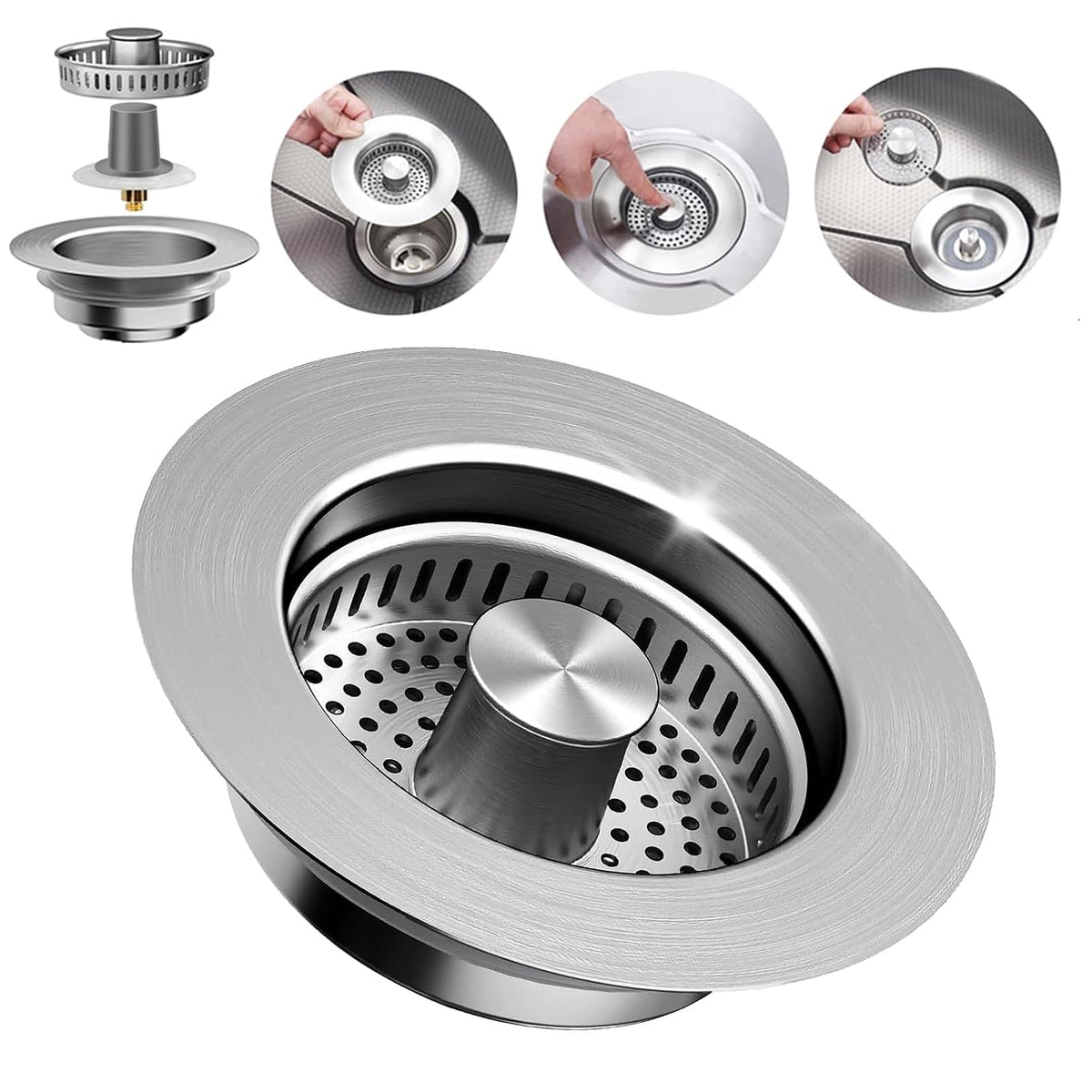 3-in-1 Kitchen Sink Drain Strainer Stopper – 304 Stainless Steel Pop Up Sink Plug with Filter Basket, Anti-Clog Design, Fits 3-1/2” US Standard Kitchen Sink Drains (Silver-sink Drain Stopper-1 Pack)