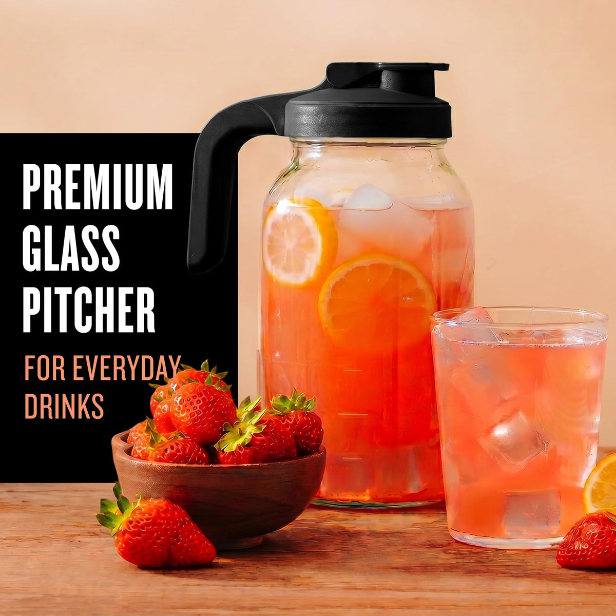 64 oz Mason Jar Glass Pitcher With Lid (64 Ounces / Black)