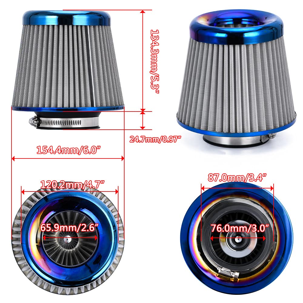 PTNHZ Universal Burnt Blue Neck 3inch 76mm Car High Flow Cold Air Intake Air Filter Power Intake Air Inlet System Mushroom Head Air Cleaner (3" Burnt Blue (1PCS))