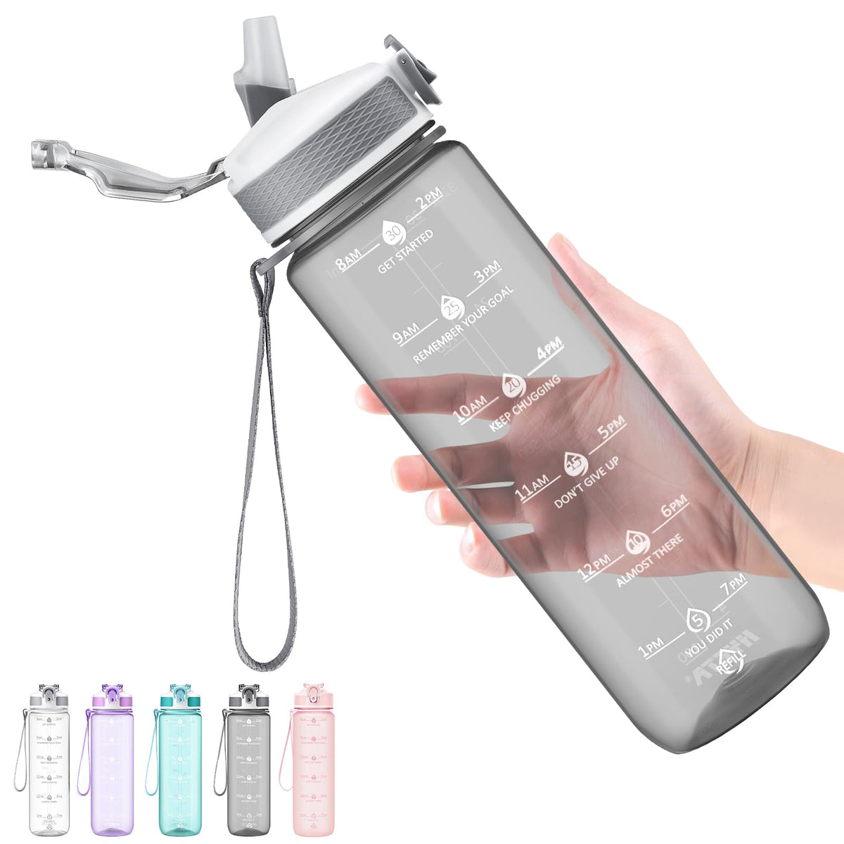 Plastic Water Bottle With Straw & Time Marker (Clear Black)