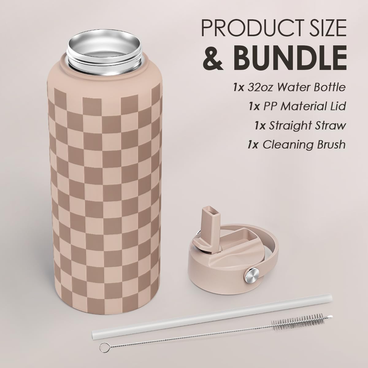 Checkerboard Water Bottle 32oz Stainless Steel with Lid & Straw (Checker)