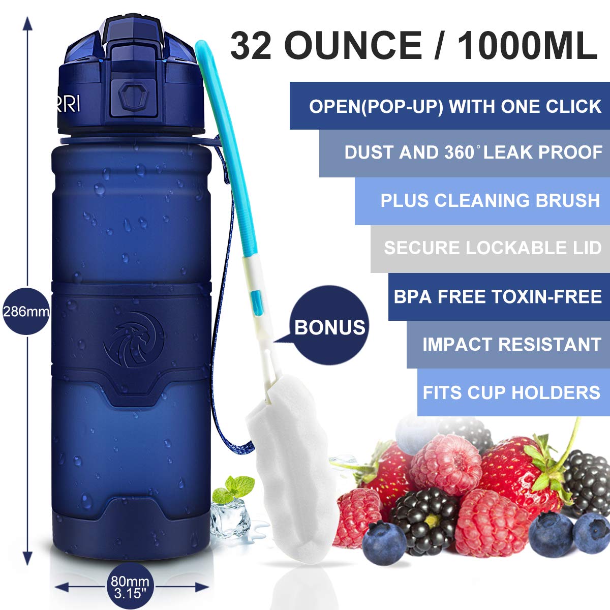 Sports Water Bottle Leak Proof (32 Ounces / Dark Blue)