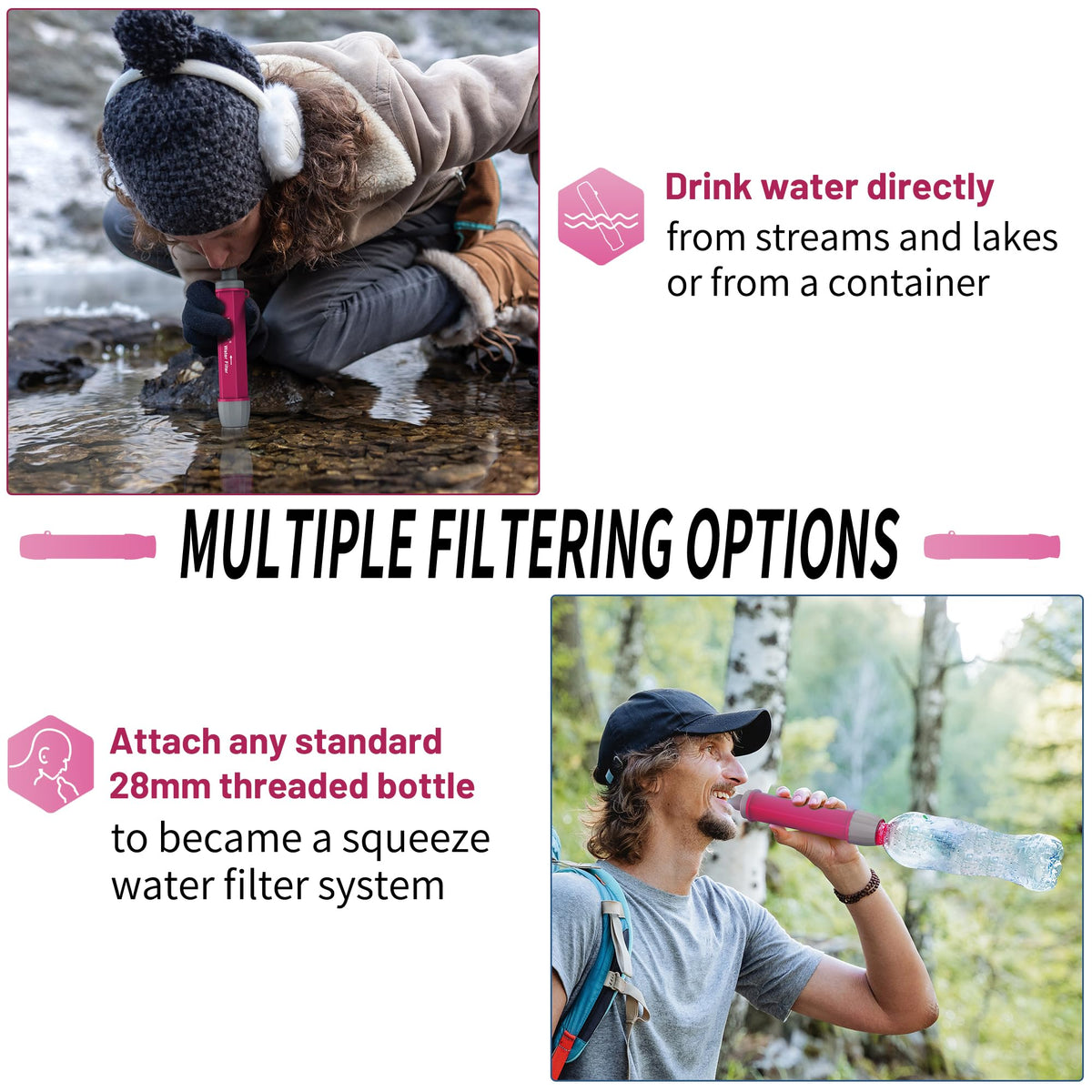 Emergency Water Filter Straw for Survival (4 Pack / Plum Red)