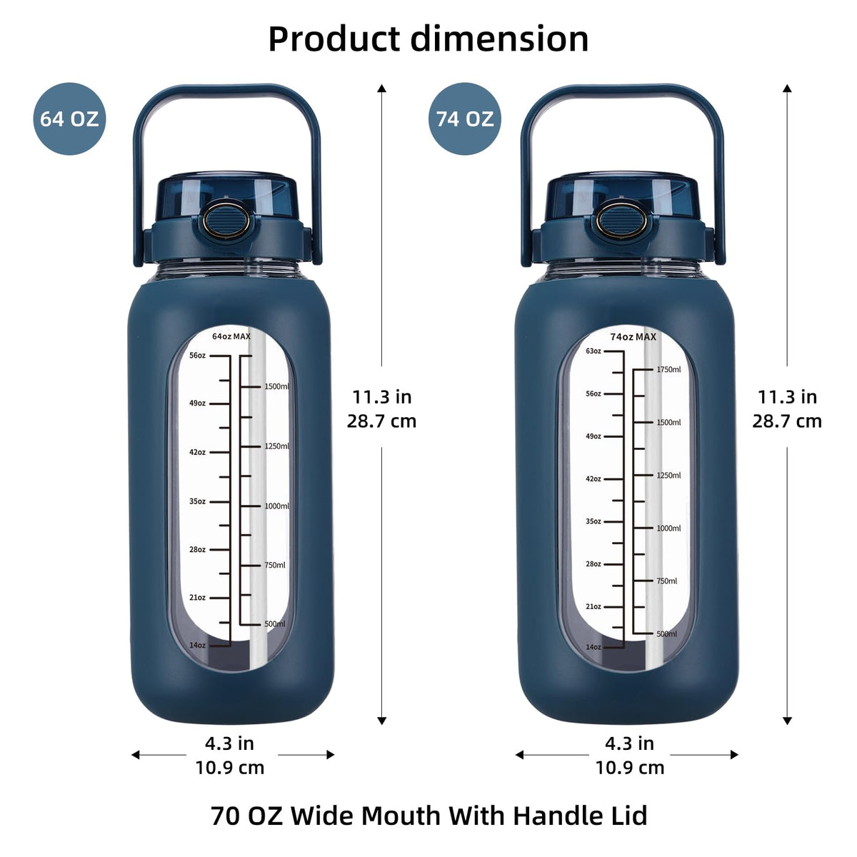 74 oz Glass Water Bolttles with Straw Large Motivational Water Bottle with Time Marker Sports Water Bottles with Silicone Sleeve and Handle Lid 2.2L Water Jug for Gym Workout (Dark Blue)