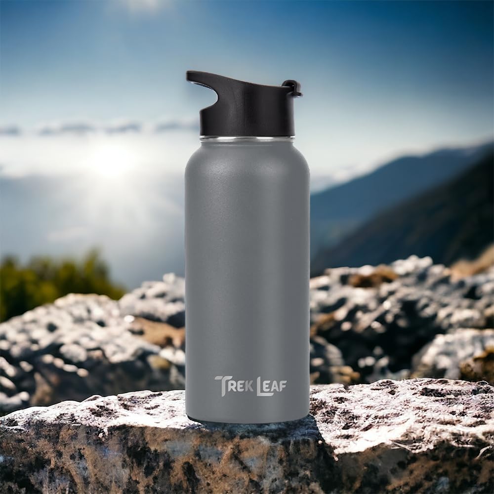 Travel Water Bottle with 3 Lids (32 Ounces / Gray)