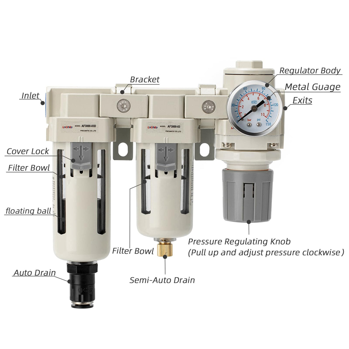 Air Filter Dryer 3 (3/8NPT / Auto+Semi-Auto Drain)