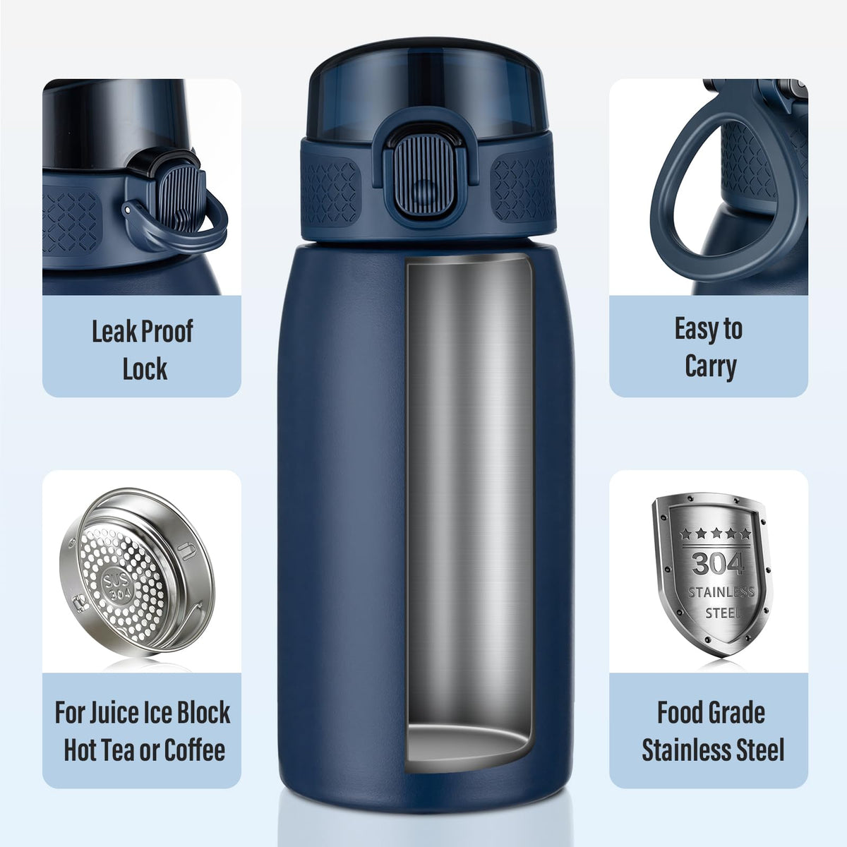 Insulated Water Bottle 12 oz with Dustproof Lid (Dark Blue / 12 Ounces)