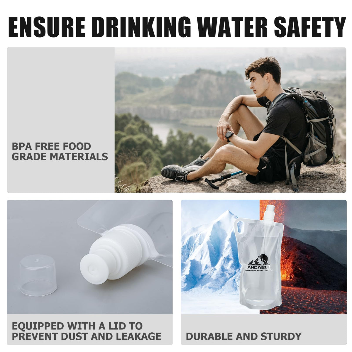 33oz (1L) Collapsible Water Bottles, 3-Pack Reusable Travel Foldable Water Bottles for Hiking Camping Running Bike, BPA-Free Water Bottle (33 Ounces / Clear x 3)