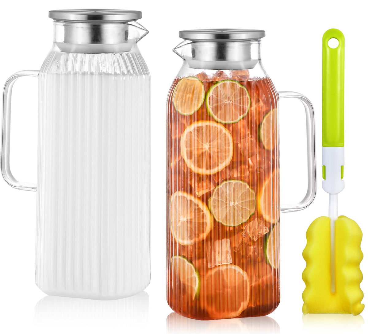 68oz Glass Pitcher with Lid and Handle for Fridge (Clear Striped)