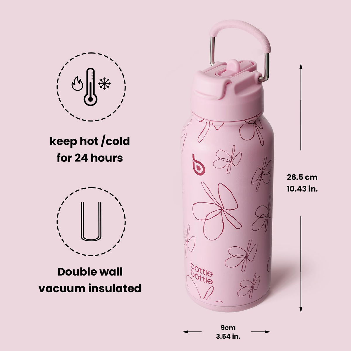 32oz Insulated Water Bottle with Pill Box (pink flower)