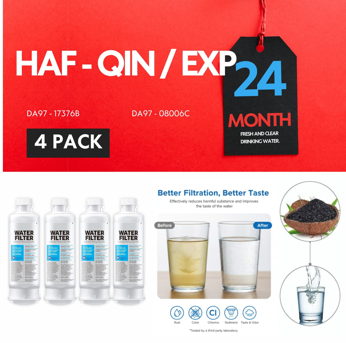 HAF-QIN/EXP DA97 Water Filter Replacement – Compatible with DA97-17376B – Carbon Block 99% Contaminant Reduction – Fresh Water & Ice – 24 Month Life 4 PACK (HAF-QIN)