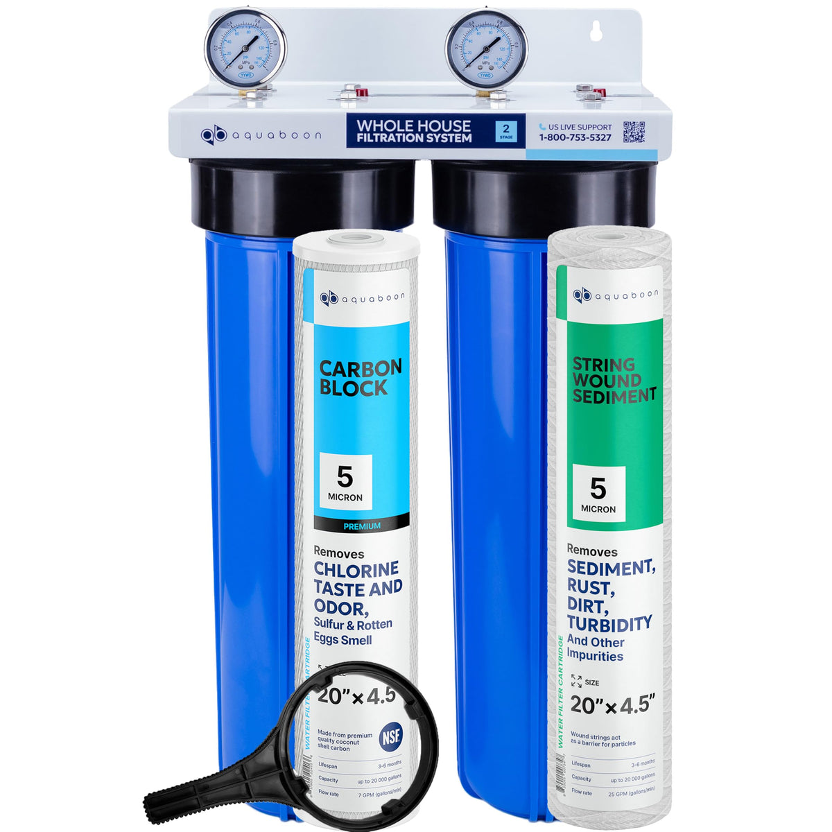 2 Stage Whole House Water Filter System 20x4.5 with CTO & String Wound Water Filter Cartridges (String Wound + Carbon Block)