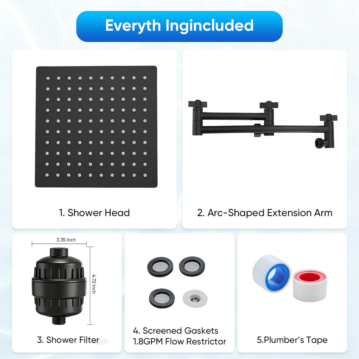 10 Inch Rain Shower Head with 16 Inch Extension Arm for Hard Water (Black / 10 Inch)