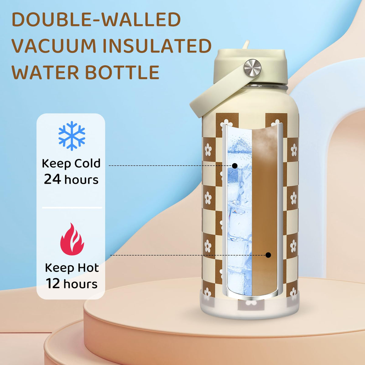 32oz Checker Gifts Insulated Water Bottle for Women with Straw (Checker / 32 Ounces)