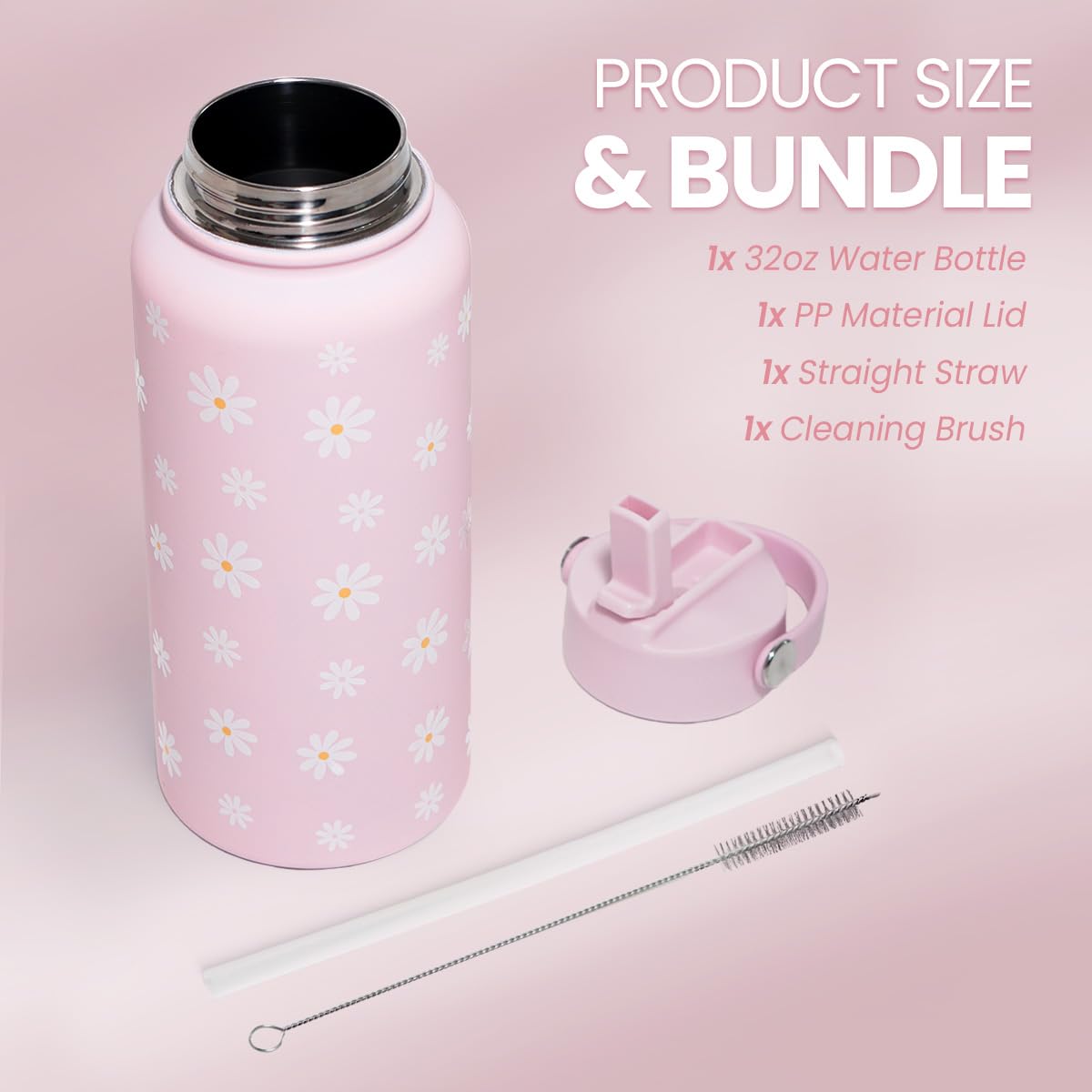Daisy Water Bottle Stainless Steel 32oz Insulated with Lid (Daisy)