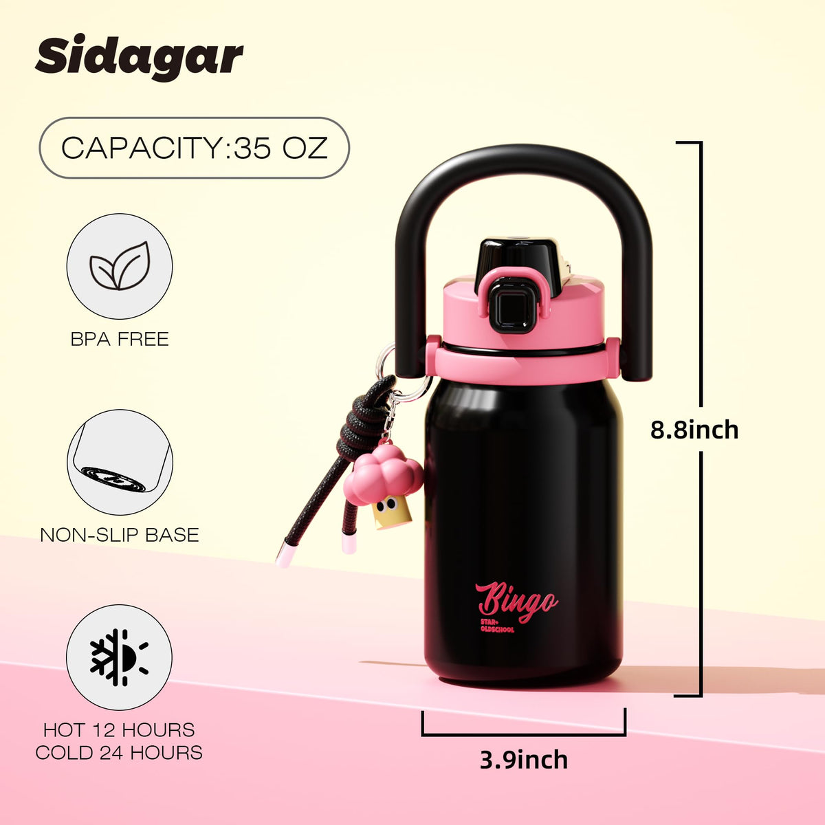 32 oz Leak proof Insulated Water Bottle with Straw & Handle Black (Black)