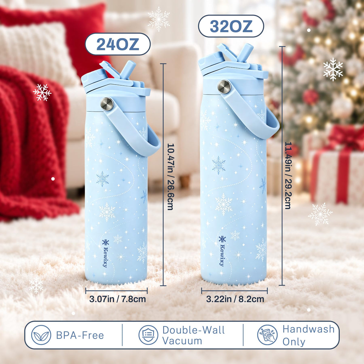 Christmas Water Bottle with Straw Insulated (Golden Reindeer / 32 Ounces)
