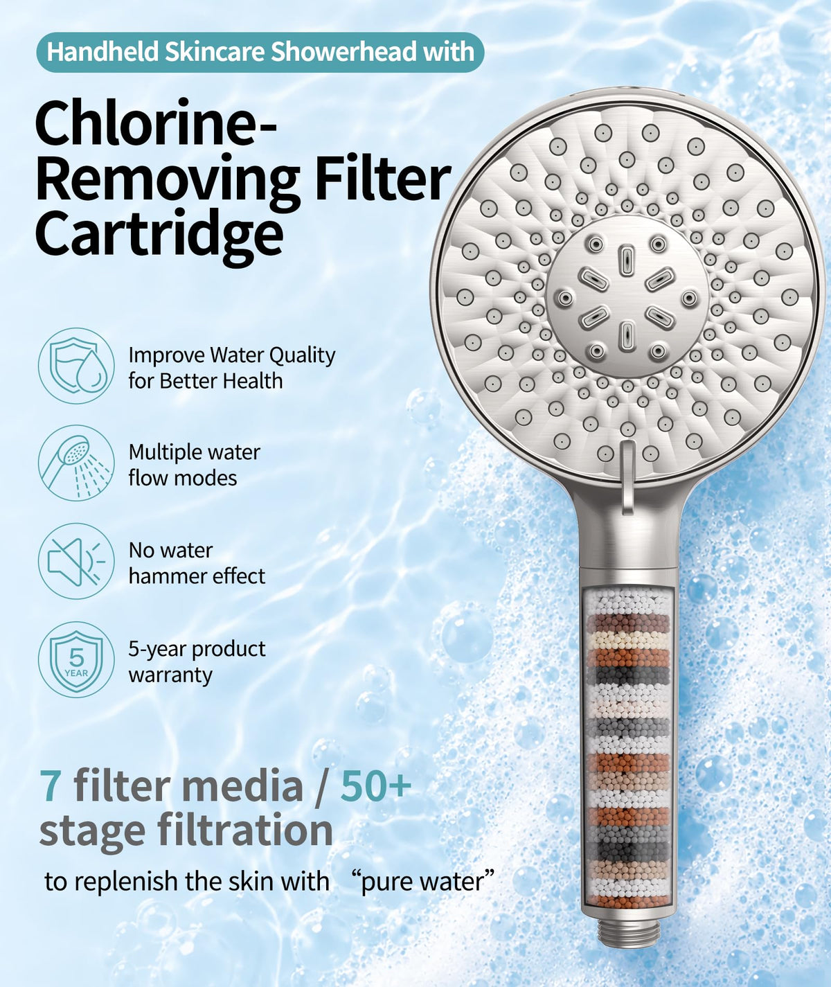 Filtered Shower Head with Handheld High Pressure 9 Spray Mode Showerhead Detachable Shower Head Water Softener Filters Beads for Hard Water Remove Chlorine 1 Filter Light Champagne (Light Champagne)