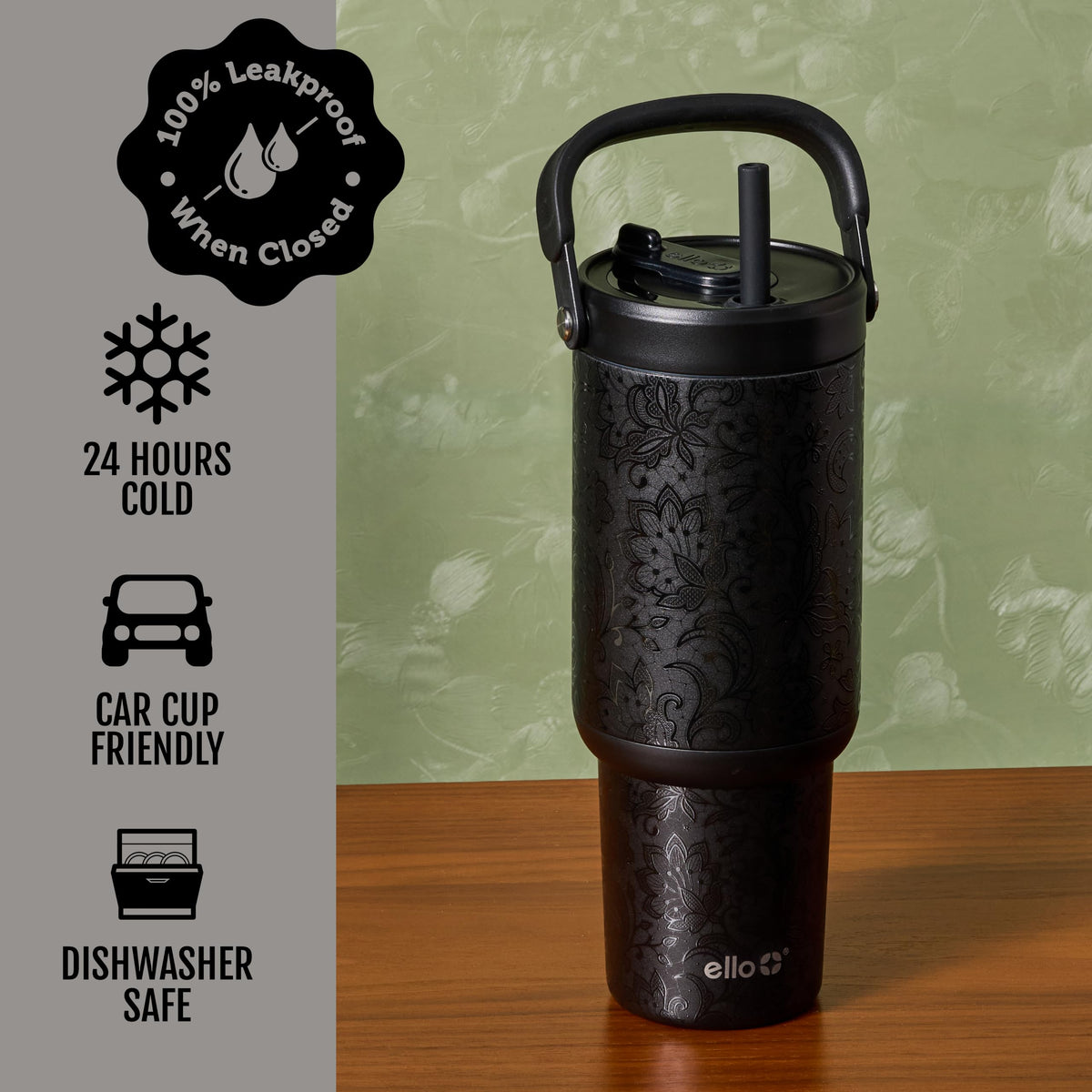 Oasis Go+ 32oz Tumbler with Top Handle and Retracting Straw (32 Ounces / Black Lace)