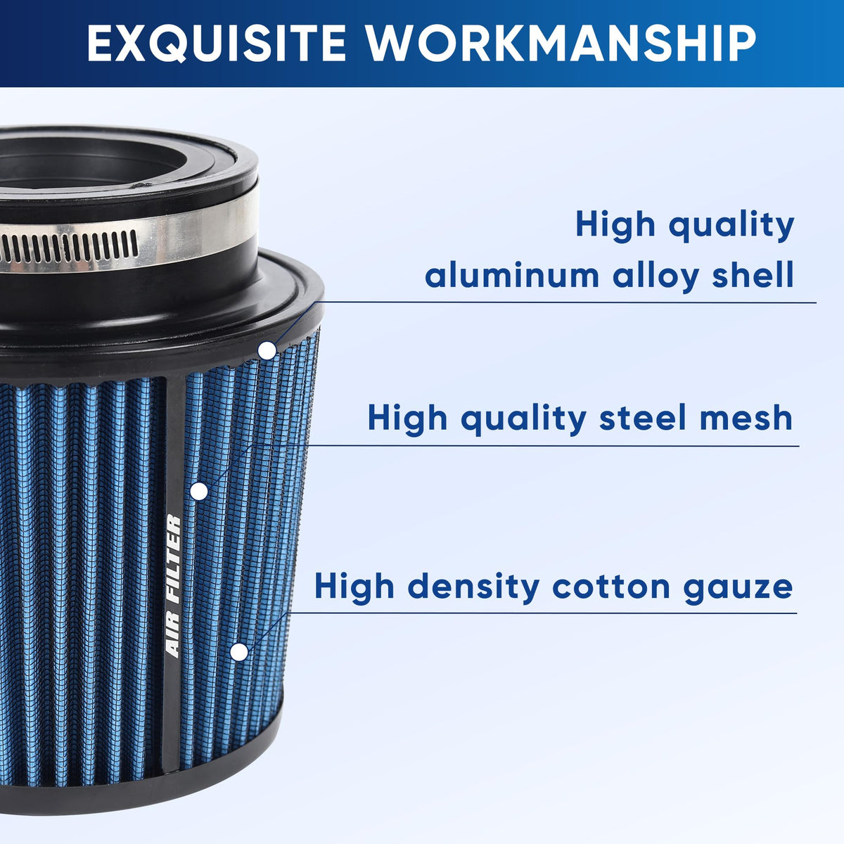 3 3.5 4 Inches Cold Air Intake Filter 76mm 89mm 101mm High Performance Washable Clamp (Blue)