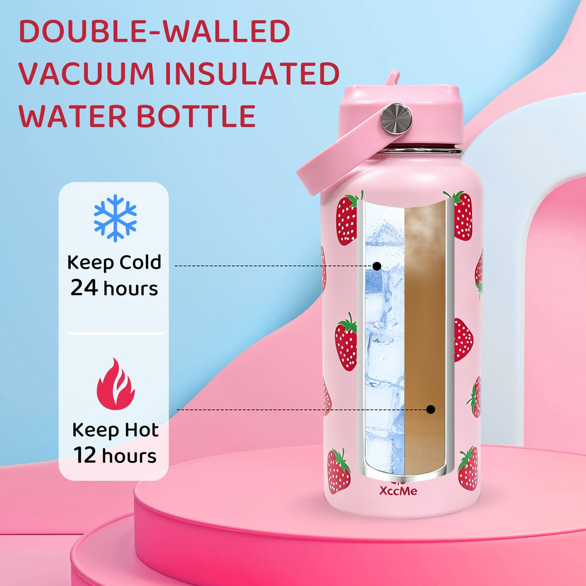32oz Strawberry Insulated Water Bottle for Women with Straw (Strawberry / 32 Ounces)
