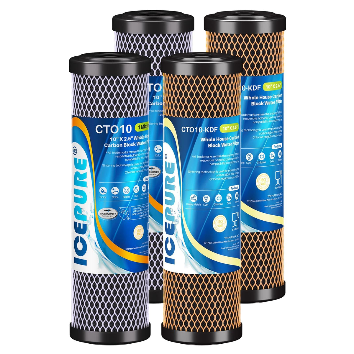 1 Micron 2.5" x 10" Whole House Water Filter Combo Kit (4 Count (Pack of 1) / Heavy Metals & Odor Removal Set)