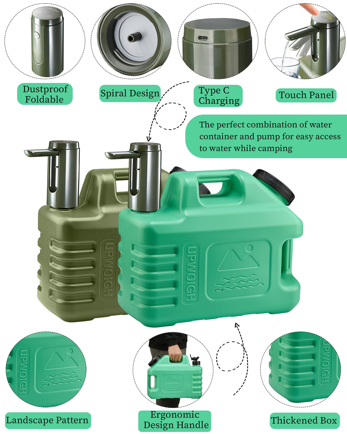 3.5 Gallon Water Jug with Rechargeable Touch Pump (Pine Green / 3.5 Gal)