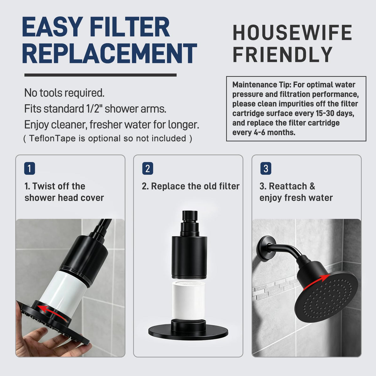 Filtered Shower Head with Filters (Black)