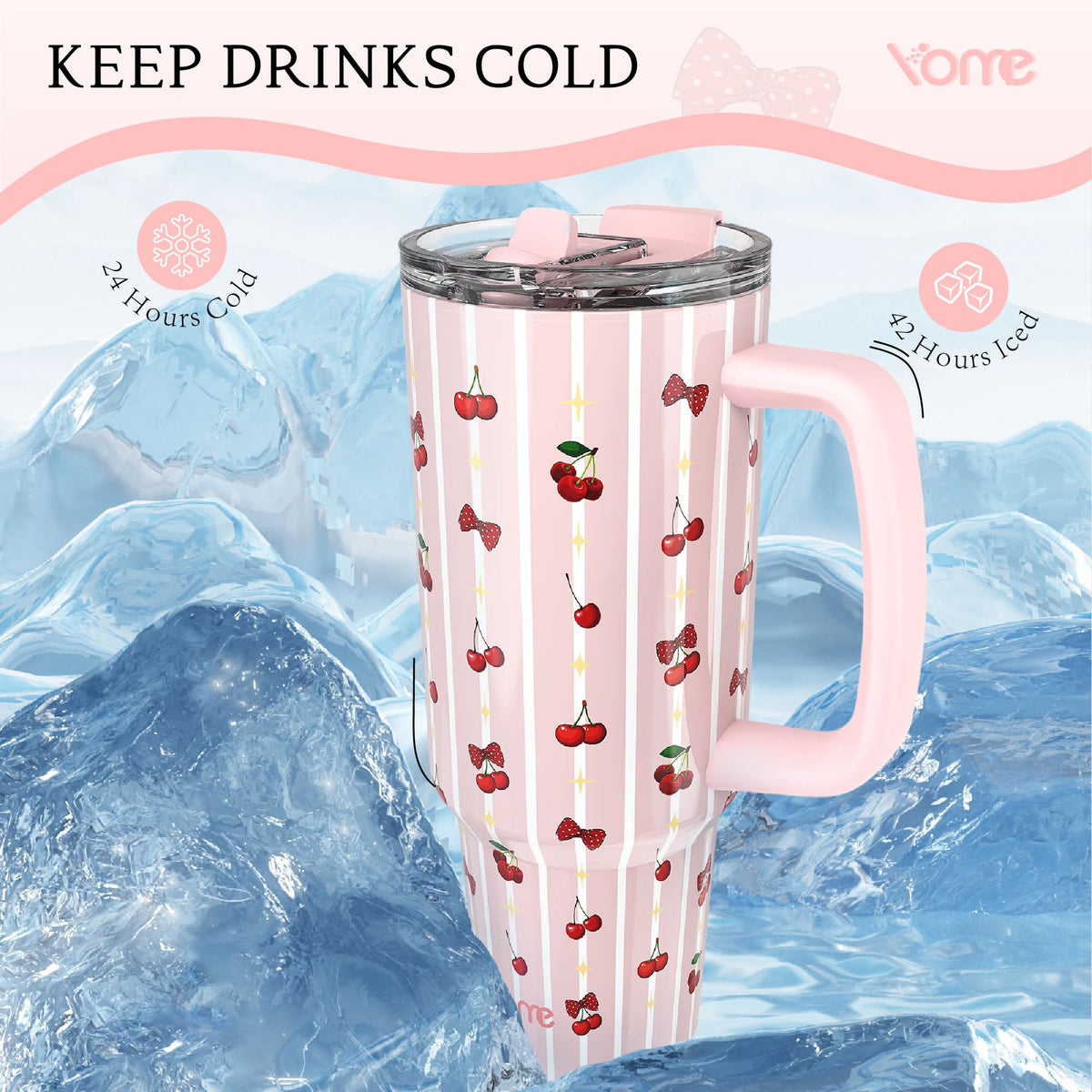 40oz Stripe Cherry Tumbler with Handle and Flip Straw (Stripe Cherry Pink)