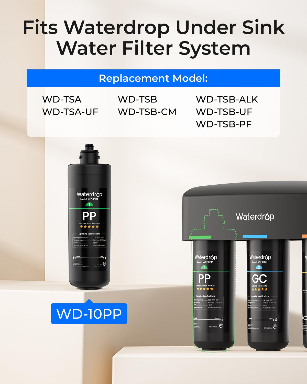 WD 10PP Water Filter Replacement for Waterdrop TSA & TSB & TSA (Black-10PP)