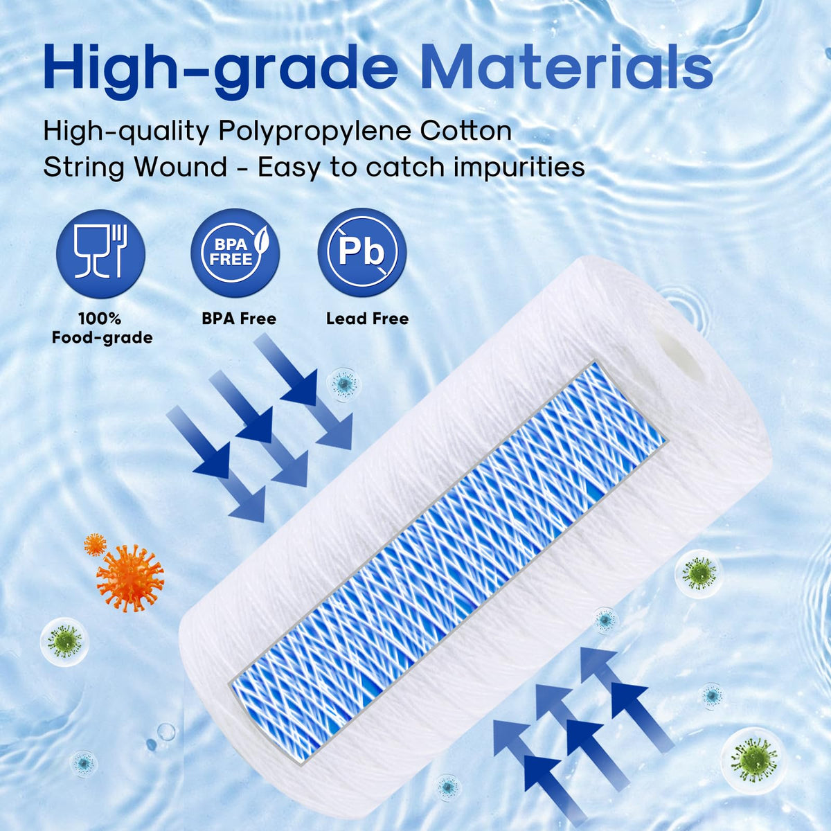 50 Micron 10”*4.5'' Whole House Sediment String Wound Water Filter Replacement filter for 84637 (50 Micron / 4 Count (Pack of 1))