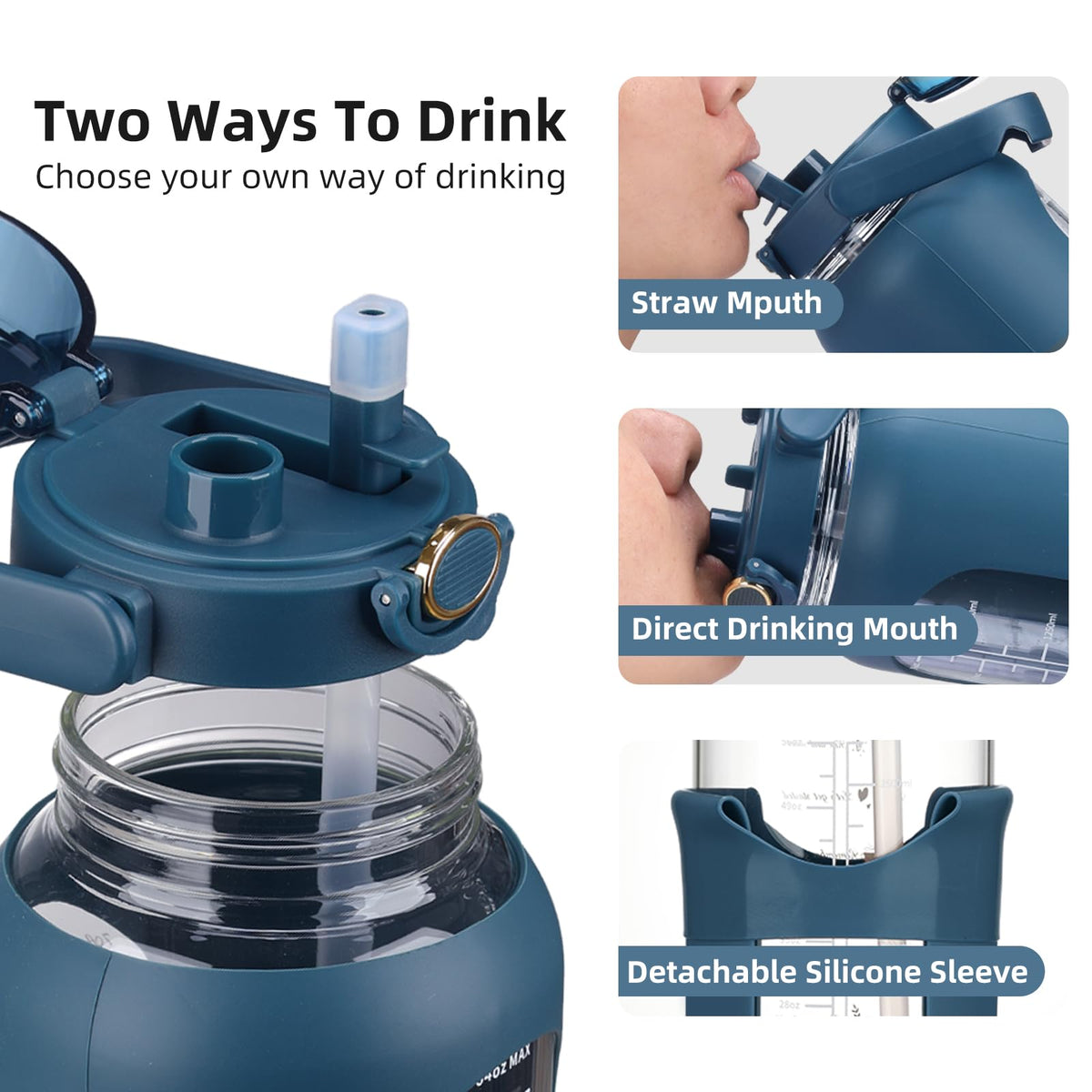 74 oz Glass Water Bolttles with Straw Large Motivational Water Bottle with Time Marker Sports Water Bottles with Silicone Sleeve and Handle Lid 2.2L Water Jug for Gym Workout (Dark Blue)