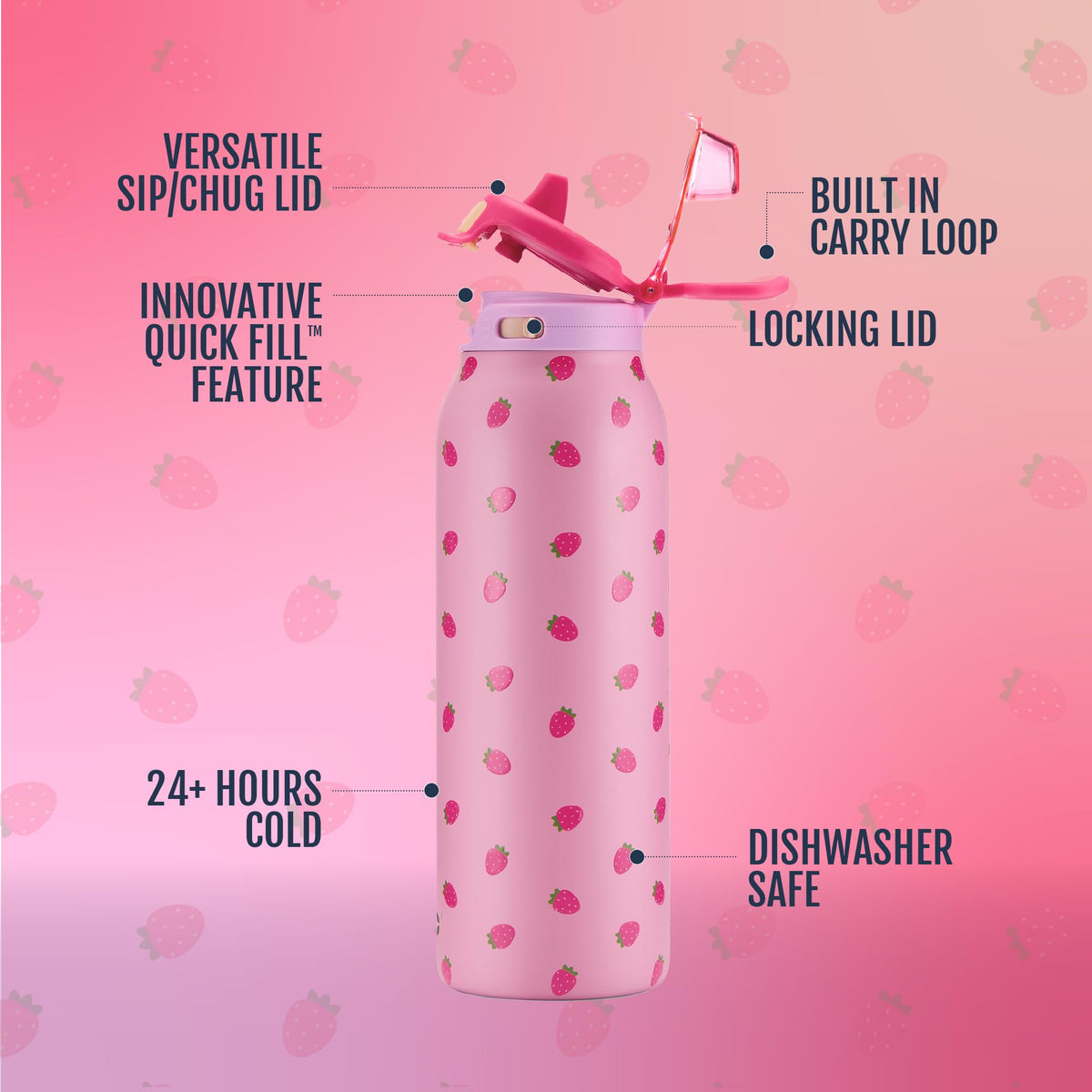 Pop & Fill 32oz Stainless Steel Water Bottle with QuickFill Technology (32oz / Strawberries)
