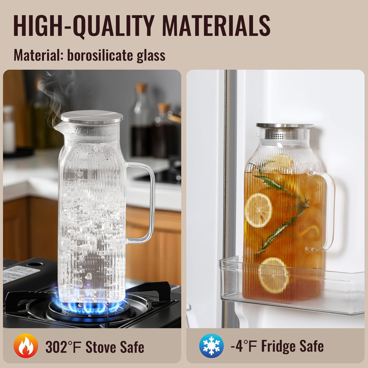 2 Liter 68 oz Square Glass Pitcher with Lid (Silver)