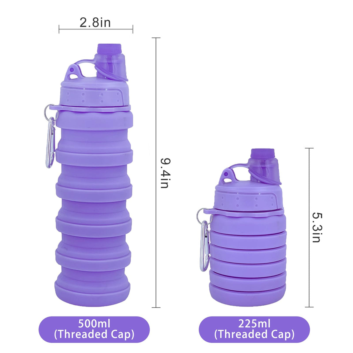 Collapsible Water Bottles Two Pack Travel Sports Portable Sport Water Bottle comes with mountaineering Buckle 500ml silicone Water (2 pack / Grey+Grey)