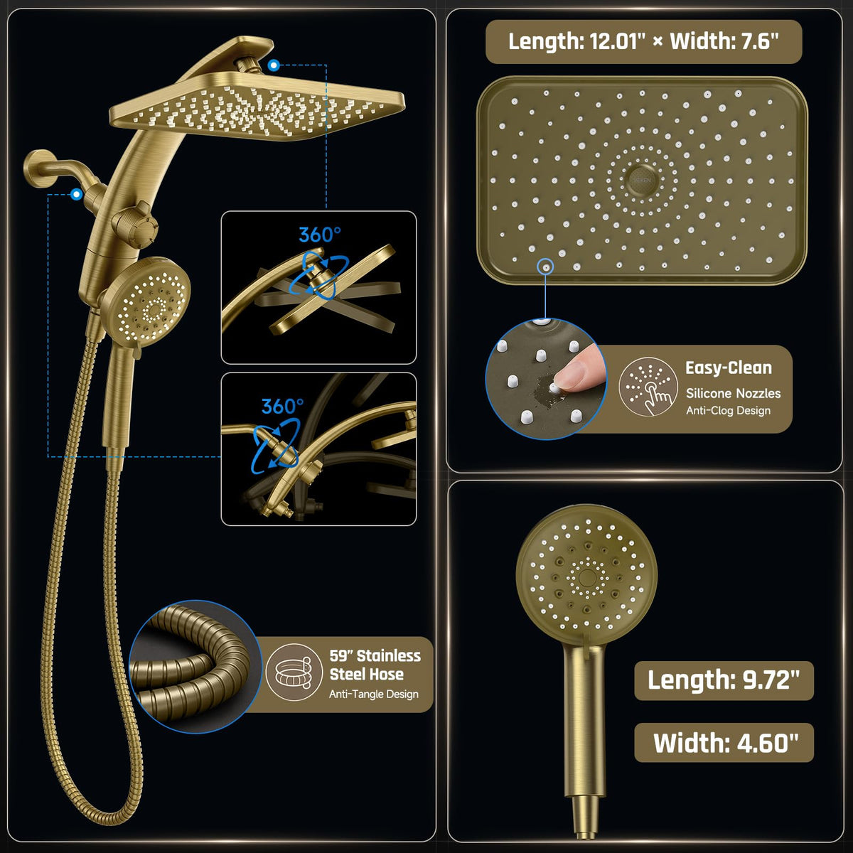 12" Brushed Gold Shower Head with Handheld (Brushed Gold / 12inch)
