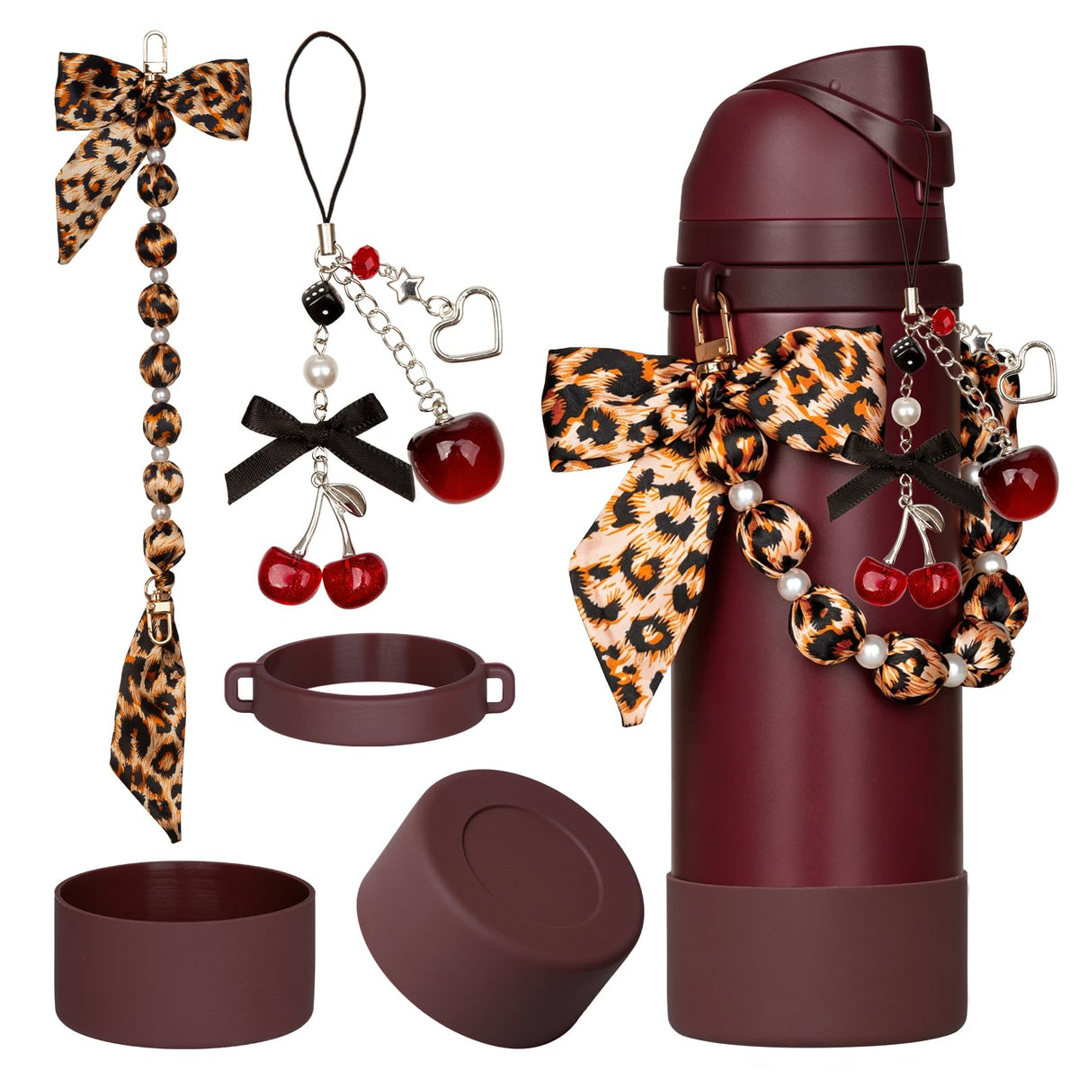 5Pcs Black Cherry Accessories for Owala with Boots (BlackRed / for FreeSip 24oz)