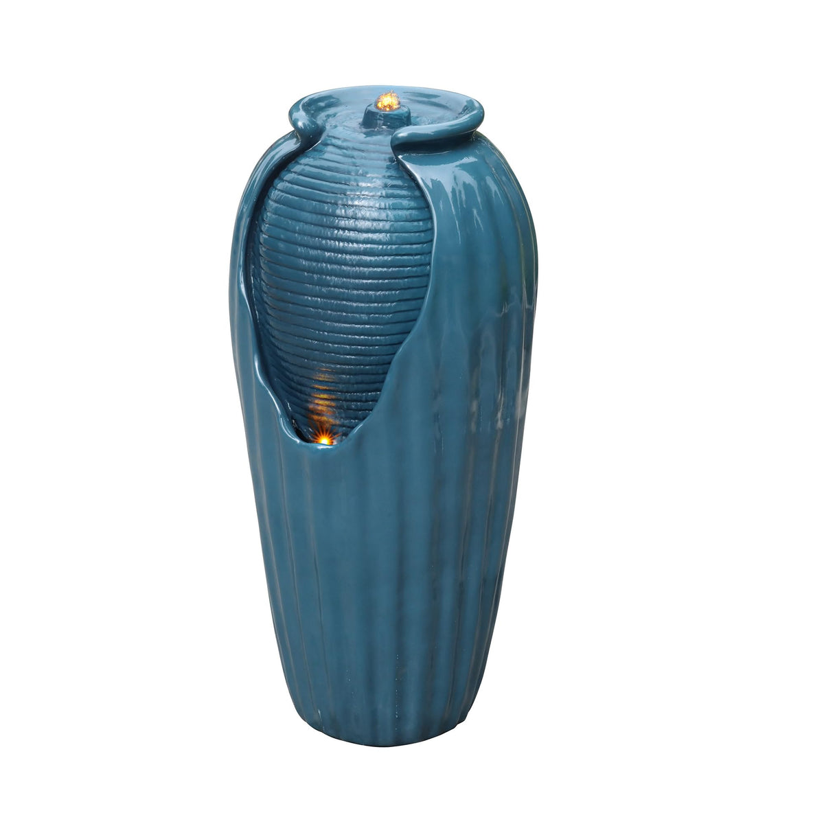 32 in. Outdoor Contemporary Glazed Contoured Vase Water Fountain with LED Lights to Create a Calming Oasis in Gardens and Landscaping (Blue)