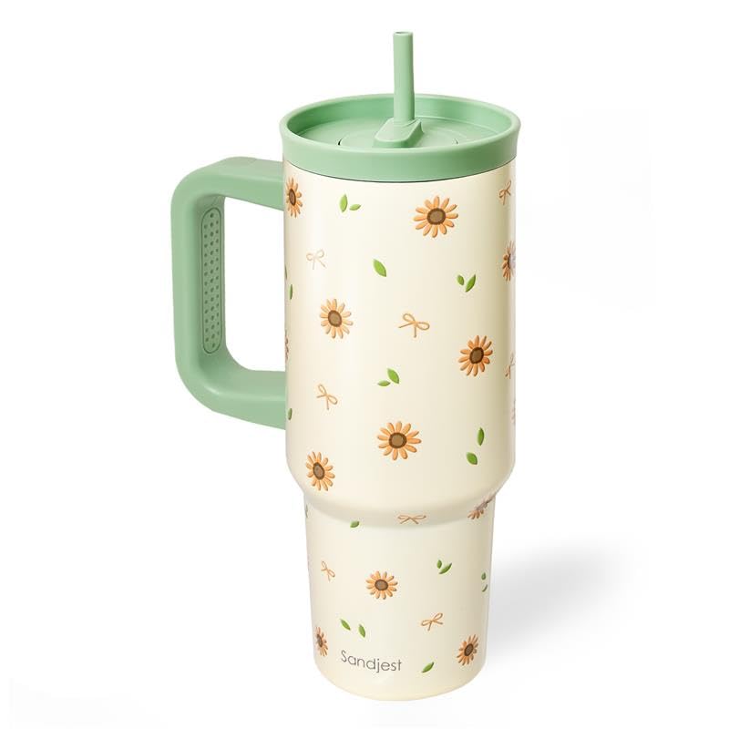 Sunflower Stainless Steel Locking Lid Silicone Straw Tumbler with Handle 40oz (Sunflower)