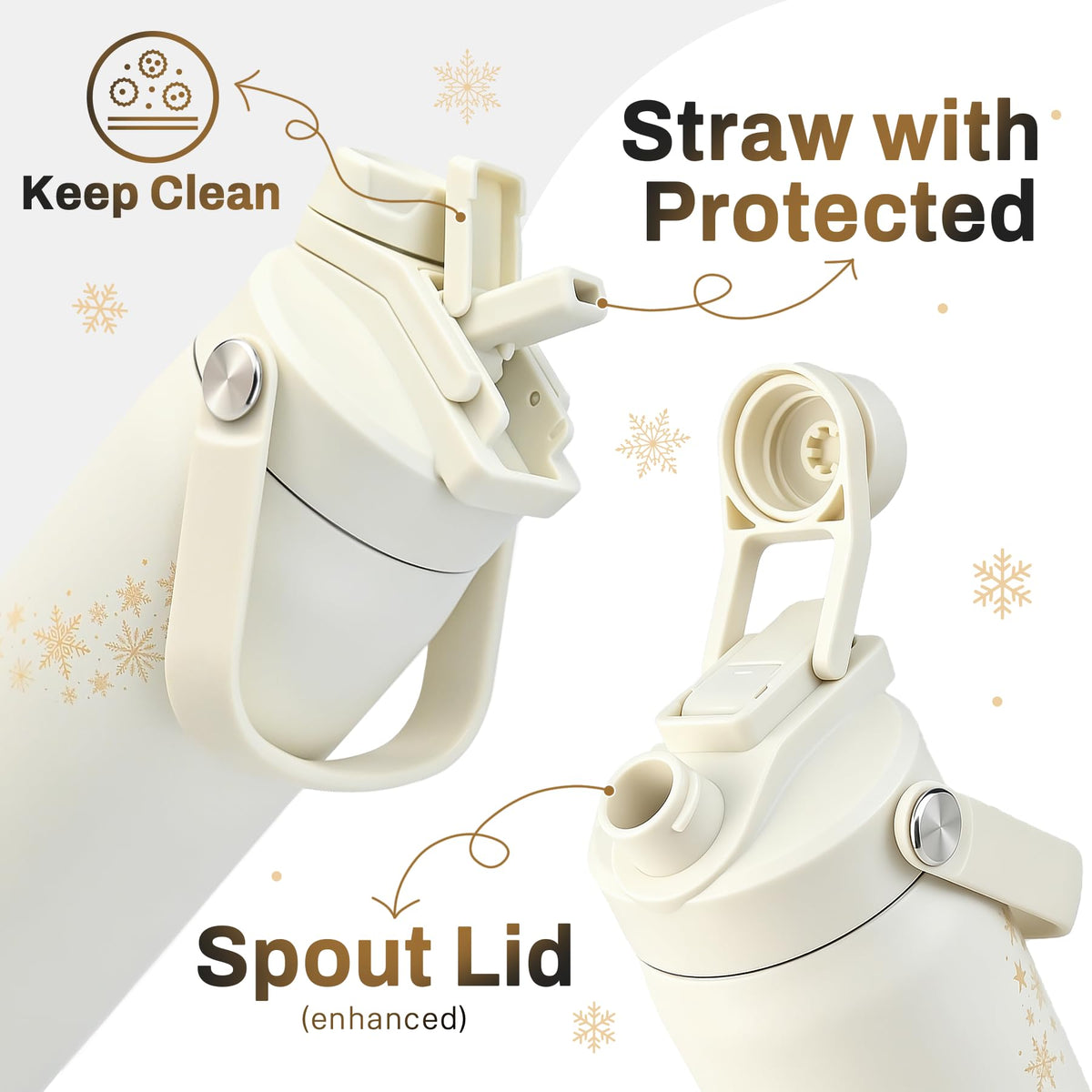 Christmas Water Bottle with Straw Insulated (Golden Reindeer / 32 Ounces)