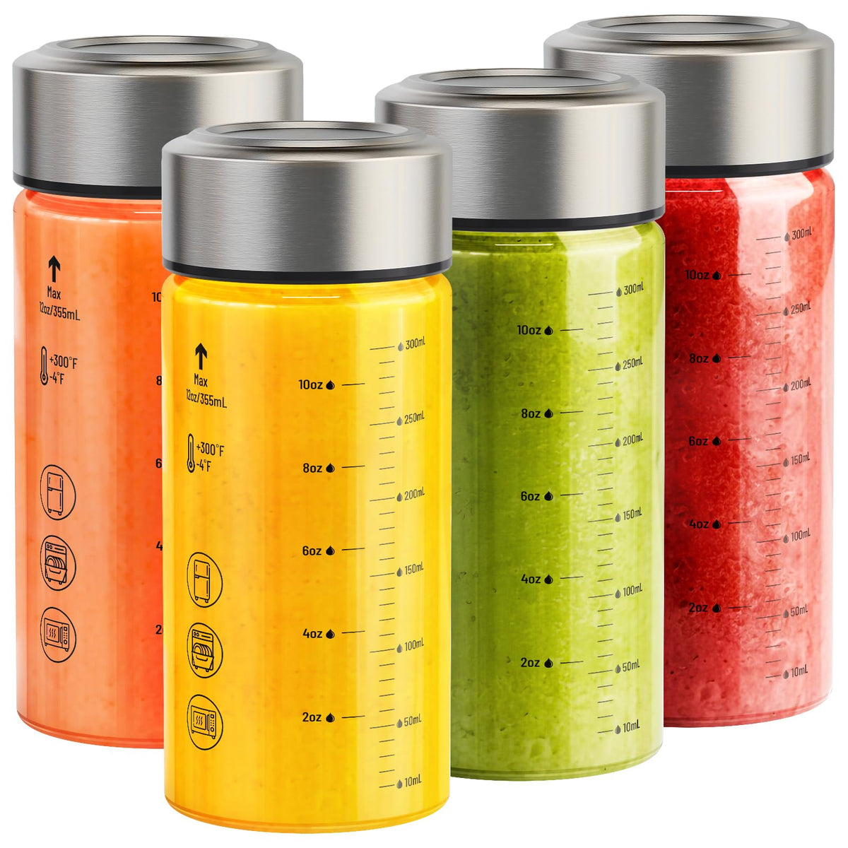 Wide Mouth Borosilicate Glass Juice Bottles 12oz 4 Pack with Lids (Clear-4set/12oz / 12 Ounces (Pack of 4))