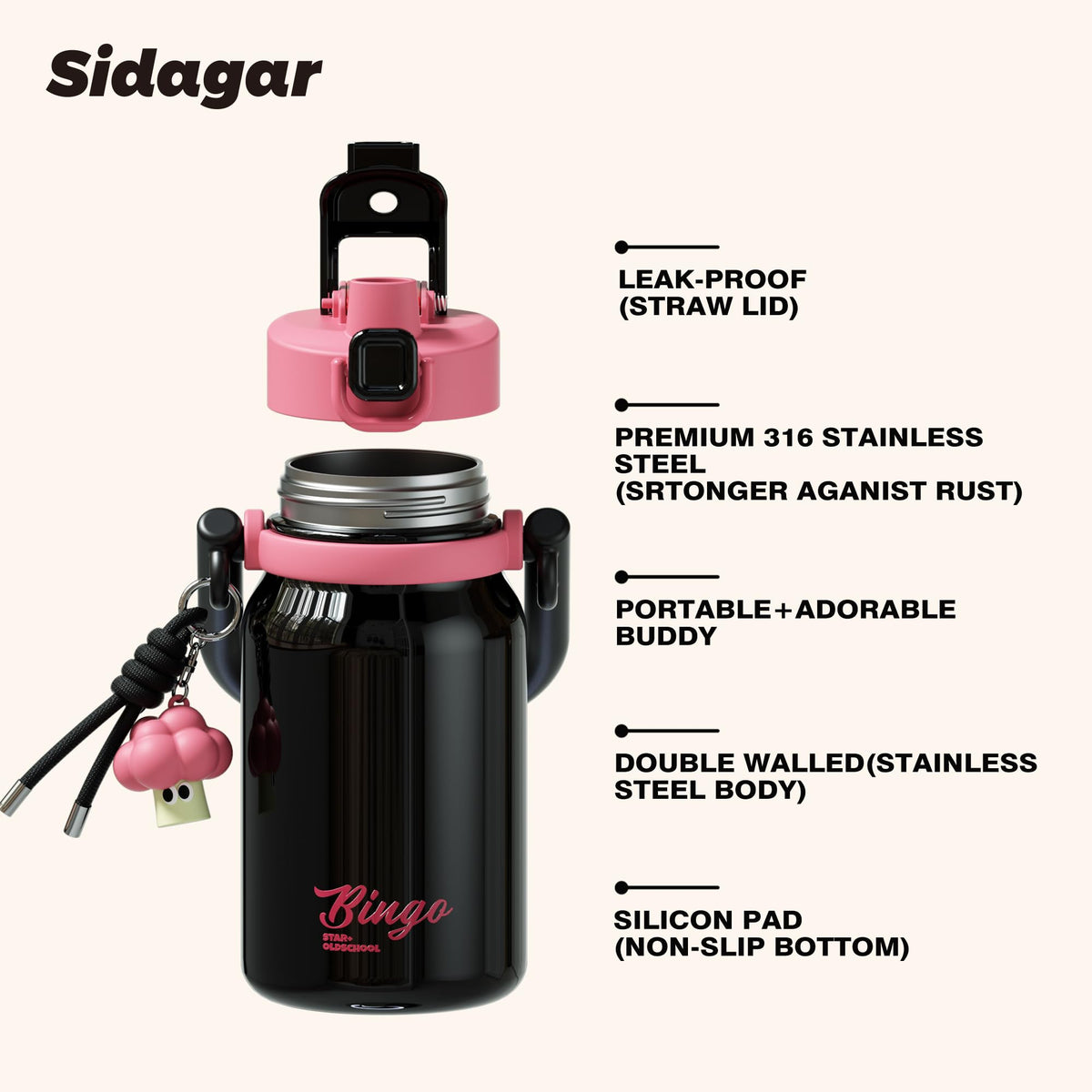 32 oz Leak proof Insulated Water Bottle with Straw & Handle Black (Black)