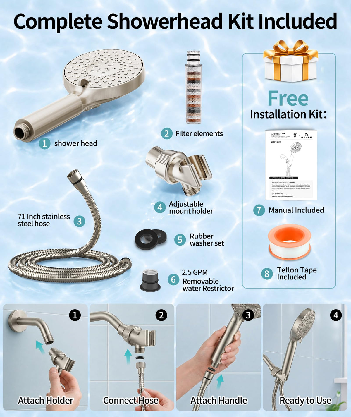 Filtered Shower Head with Handheld High Pressure 9 Spray Mode Showerhead Detachable Shower Head Water Softener Filters Beads for Hard Water Remove Chlorine 1 Filter Light Champagne (Light Champagne)