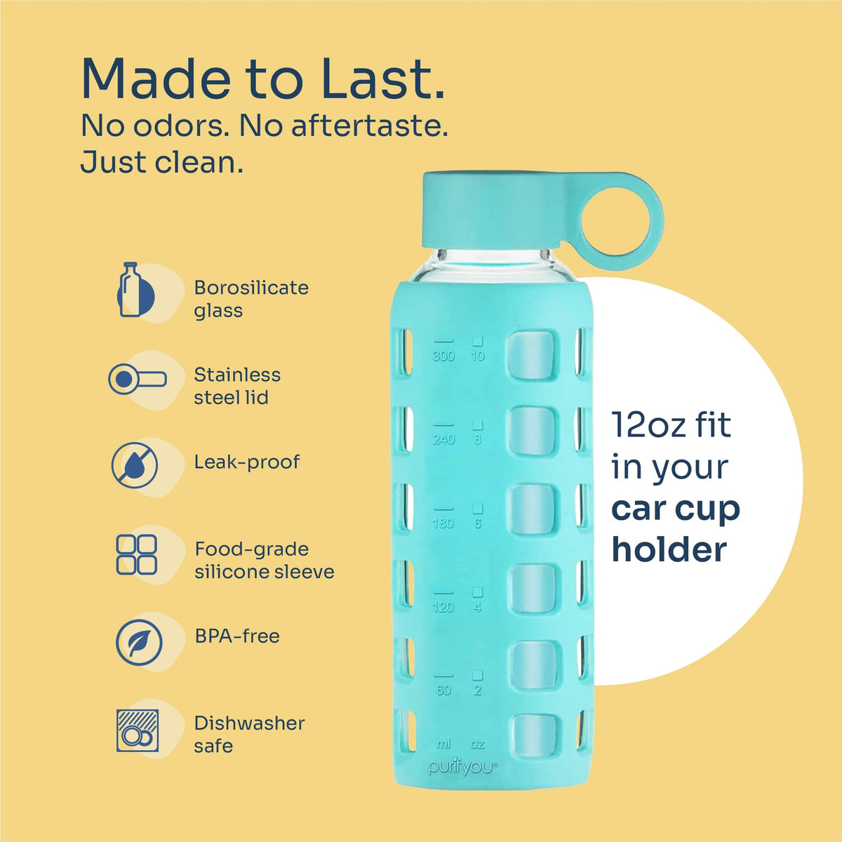40oz / 32oz / 22oz / 12oz Borosilicate Glass Water Bottle with Time & Volume Markers, Silicone Sleeve, Stainless Steel Lid | Reusable Glass Bottle for Water & Juice (Aqua Blue (1 Count) / 12 Ounces)